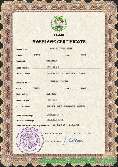 Belize marriage certificate PSD template